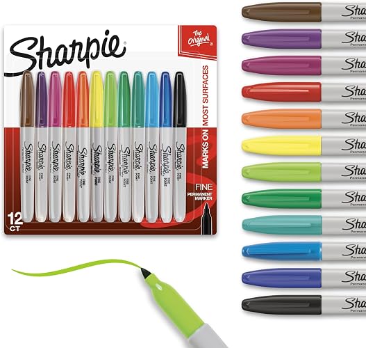 Sharpie Permanent Markers, Fine Tip,Quick Drying, Fade Resistant, Arts & Crafts, Desk, Office Supplies 12 Count (Pack of 12)