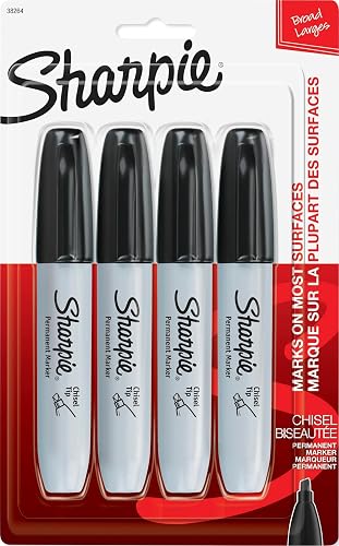 Sharpie Permanent Markers, Large, Chisel Tip, Black, 4 Count - Marks on Paper, Plastic, Metal, and More