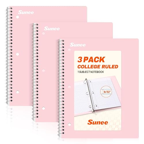 SUNEE Spiral Notebooks, 3 Pack, 1-Subject, College Ruled Paper, 8" x 10-1/2", 70 Sheets per Notebook, Pink