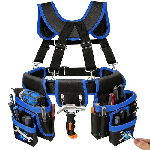 Magnetic Tool Belt, Heavy Duty Tool Pouch for men Magnet Holster Nail Utility Toolbelt Adjustable Waist Holder for Handyman Contractor (26 pockets with suspenders) (Blue)
