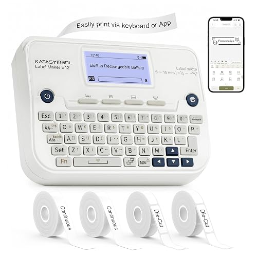 SUPVAN E12 Keyboard & Bluetooth Label Maker Machine with 4 Tapes | Rechargeable, Backlit Display, App with 30+ Fonts & 660+ Icons, Minimal Margin, Inkless, for School, Office, Home