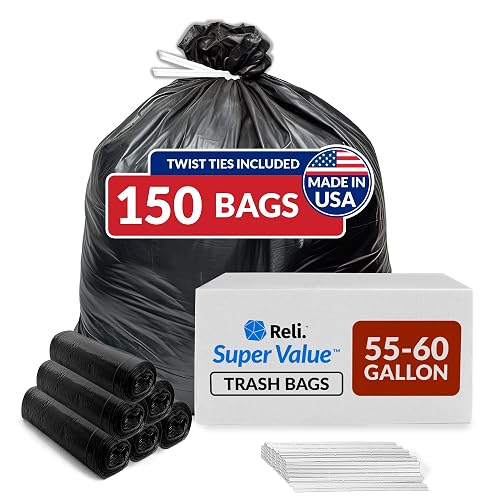 Reli. 55-60 Gallon Trash Bags Heavy Duty | 150 Trash Bags, Twist Ties | Black, Serious Garbage Cleanup | Large Garbage Bags with Twist Ties, Made in USA | SuperValue