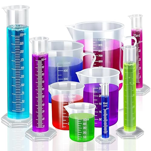 Teenitor Graduated Cylinder Plastic Beaker, 5pcs Plastic Graduated Cylinder 10ml 25ml 50ml 100ml 250ml and 5pcs Beakers 50ml 100ml 250ml 500ml1000ml Clear 10pcs