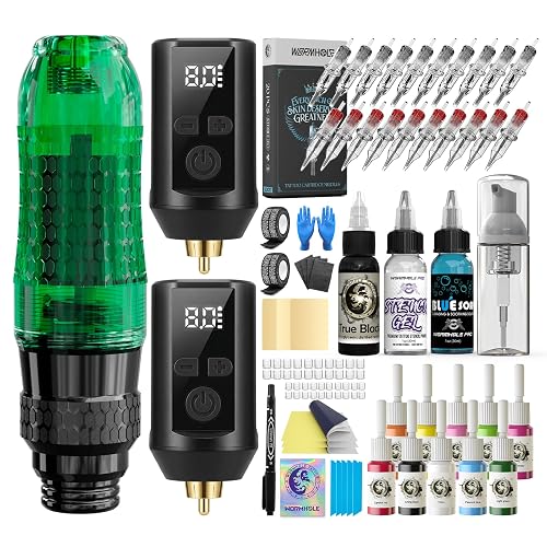2PCS 1800mAh Batteries Wormhole Tattoo Gun Kit Full Tattoo Supplies | 3.12OZ Lightweight Tattoo Gun, 20 Tattoo Cartridge Needles, 11PCS Tattoo Ink Set, for Tattoo Beginners and Artists