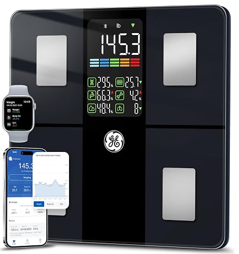 GE Smart Scale for Body Weight, BMI, Body Fat, Muscle Mass, Large Display | 14 Metrics Body Composition Scale for Bathroom, 5.3-inch Screen, Accurate Weighing with Bluetooth Sync, Black