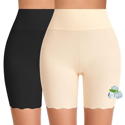 FRESBEIT Cooling Slip Shorts for Women Under Dress Anti Chafing Biker Short | High-Waisted seamless shapwear shorts scalloped edge safety boyshorts panties underwear workout shorts for under dresses