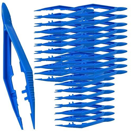 Vakly Disposable Plastic Forceps Tweezers Blue (30 Pack) – Serrated Tip Medical Tweezers with Finger Ridges & Narrow Points for First Aid, Lab, Crafts & School Science