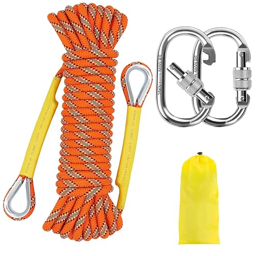 NTR Orange/Black/Blue/Green Climbing Rope 10M(32ft) 20M(64ft) 30M(96ft) 50M(160ft), 8MM Static Rock Climbing Rope with 2 Steel Hooks, Rappelling Rope for Outdoor, Hiking Safety Escape Rope