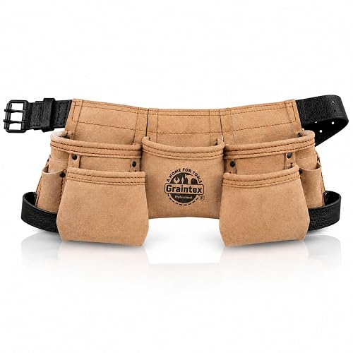 Graintex DS2243 :: 9 Pocket Children Tool Belt Beige Color Suede Leather, Kids Real Tool Belt, Boys and Girls Tool Apron for Home Improvement, 1.1/2" Leather Belt, Hammer Loops