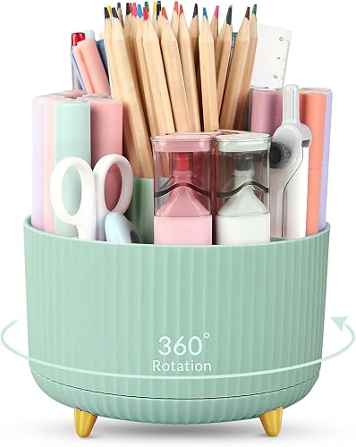 SKYDUE 360 Degree Rotating Desk Organizer, Dual-Purpose Pencil Pen Holder for Desktop, Rotating Desk Pen Organizer with 5 Slots, Pencil Cup for School, Home, Office Supplies (Bean Green)