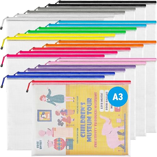 JARLINK A3 Mesh Zipper Pouch, Extra Large Waterproof File Bags, 24 Pcs | 12 Colors Waterproof Zipper Bags for Office Supplies, Puzzles, Board Games, School, Travel Accessories & Craft Projects