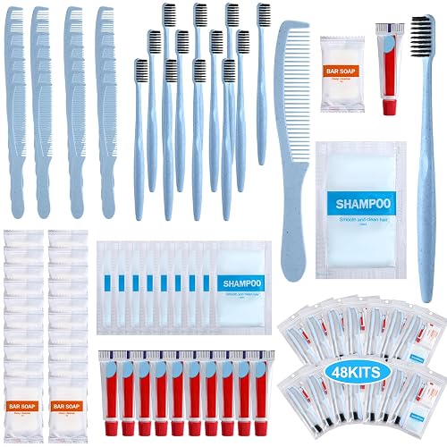 Hushee 48 Kits Homeless Hygiene Kits, Homeless Care Package, Light Blue | Personal Hygiene Kit in Bulk, Include Shampoo Toothbrush Toothpaste Comb and Bath, Travel Charity Business Supplies