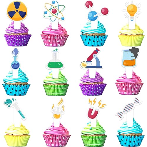 24pcs Chemistry Cupcake Toppers Physics Happy Birthday Microscope Test Tube Decoration, Mad Scientist Birthday Party, Lab Party or Baby Shower Party Decoration for Boy and Girl, Birthday Gift for Kid.