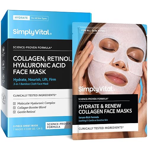 Collagen Facial Mask - Retinol Hyaluronic Acid Hydrating Sheet Mask 7 Pack | Hydrating Face Masks for Women Skin Care, Facial Masks, T Line & V Line, Cloth Sheet Feel, Daily Skincare Routine, Soft Feel