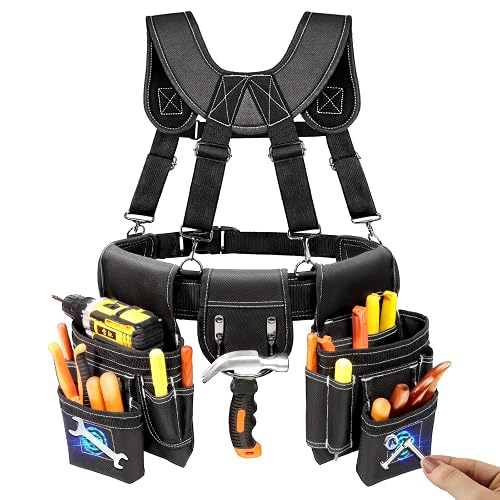 Professional Tool Belt for Men, Magnetic Tool Pouch with Suspenders | Heavy Duty Detachable Adjustable Utility Belt Work Bags for Electricians & Carpenters, Fits 32"-66" Waist, Black
