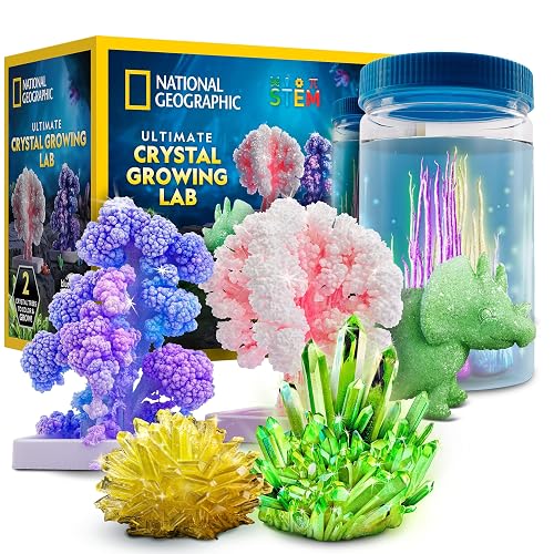 National Geographic Crystal Growing Kit with 5 Unique Activities | Glow-in-the-Dark Crystal, Underwater Crystals, Crystal Trees and Dinosaur Figure, STEM Science Activity, Birthday Gift