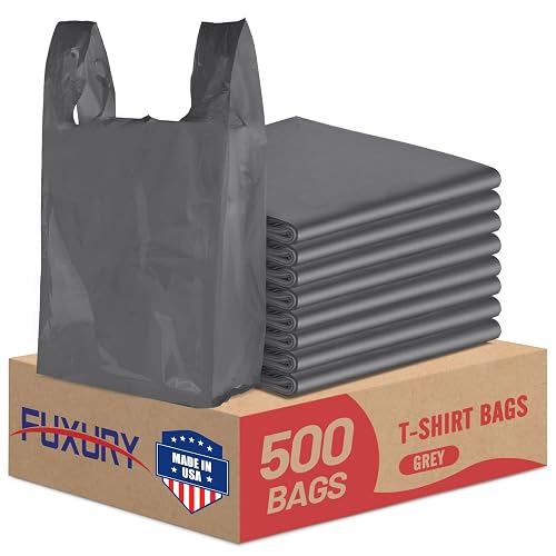 Fuxury 500 Count Plastic Grocery Shopping T-shirt Bags with Handles Grey | 11.5" x 6.5" x 21", Trash, Take Out, To Go, Restaurants, Retail Bags in Bulk for Small Business (Made in USA)