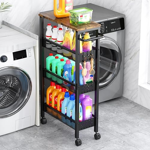 Vivihomety 4-Tier Slim Utility Rolling Laundry Cart with Wheels, Metal | Narrow 7.1" wide, Lockable wheels, wood top panel, metal frame, with handle, for laundry, bathroom, kitchen, black