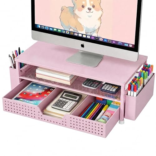 ECOLOVI Desk Organizer and Accessories, 2-Tier Computer Monitor Stand Rise with Storage Drawer & 2 Pen Holders, Laptop & Printer Stand for Desktop, Workspace Organizers for Office Supplies (Pink)