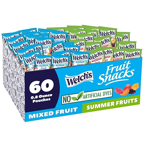 Welch's Fruit Snacks, Mixed Fruit & Summer Fruits, 0.8 oz, 60 Ct | Made with whole fruit, no artificial dyes, gluten free, 25% DV Vitamins A/C/E, great for kids and school lunches