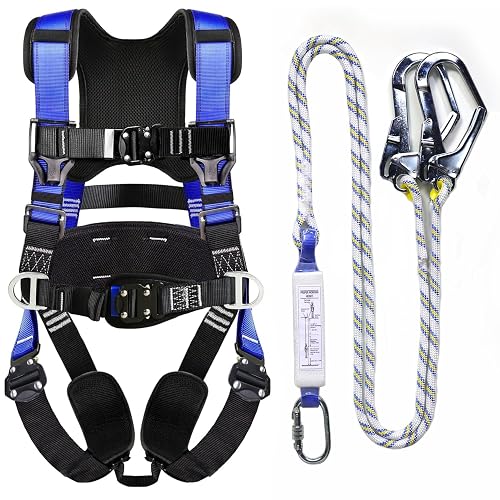 WHITEDEW Fall Protection Premium Safety Harness with Shock Absorbing Lanyard, Vented & Padded Shoulder, Legs & Back - Upgrade 4 Quick Buckles (Blue)