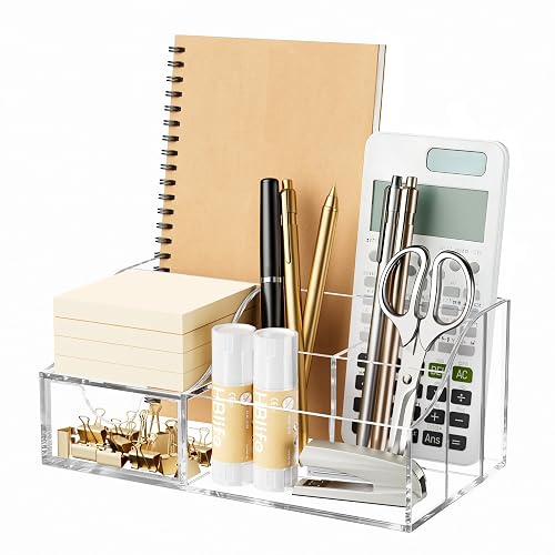 HBlife Acrylic Desk Organizer with Drawer, Pen & Pencil Holder, Multifunctional Desktop Caddy for Office Supply and Organization (Clear)