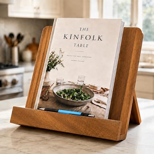 OGAMOS Cookbook Stand for Kitchen Counter,Recipe Book Holder with Pen Slot | Acacia Wood，Fits iPad and Tablets ,Book Display Stand
