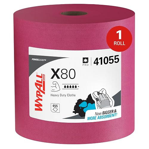 WypAll PowerClean X80 Heavy Duty Cloths, Jumbo Roll, 455 Towels (41055) | Red Towels, Thick & Highly Durable, Ideal for Cleaning Abrasive Surfaces, Strong Enough to be Reused