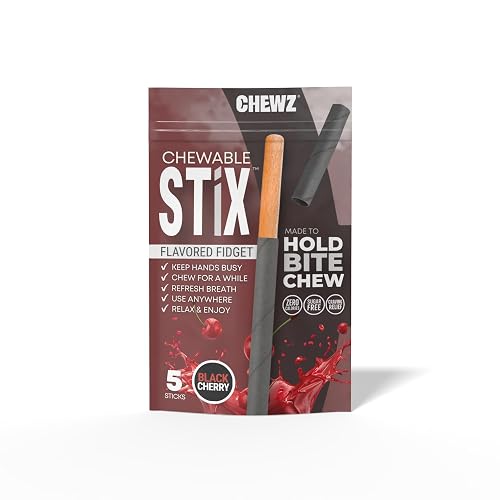CHEWZ Chewable Stix Birchwood Fidget Tool for Biting Holding Chewing — Black Cherry, Sugar Free, Zero Calorie, Reusable Oral Sensory Stick, 5 Sticks Per Pouch - Help to Stop Smoking