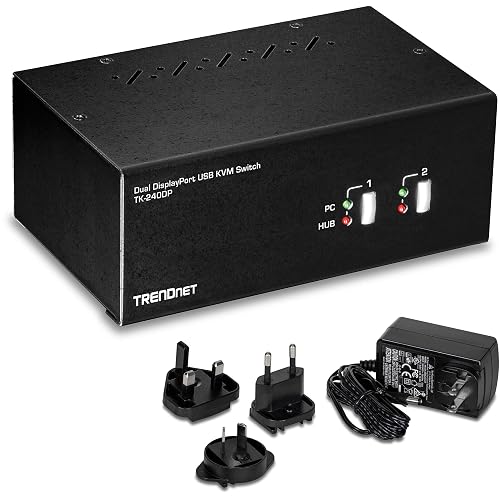TRENDnet 2-Port 4K Dual Monitor DisplayPort KVM Switch with Audio,TK-240DPk | 2560 x 1440 @ 144Hz, 2-Port USB 2.0 Hub, Connect Two Monitors, NDAA + TAA Compliant