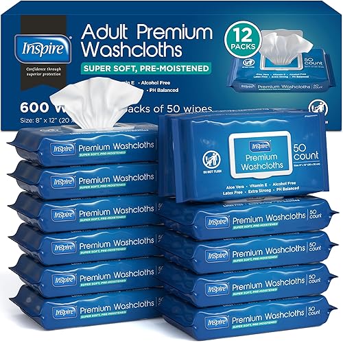 Inspire Adult Wet Wipes, Wash Cloths | Adult Wipes for Incontinence & Cleansing for Elderly, 8"x12" (600 Count)
