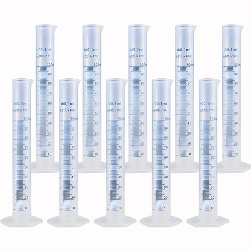 10Pack 100ml Plastic Graduated Cylinder, 2-Sided Marking Lab Cylinders | Plastic Measuring Cylinder Set, Clear Science Measuring Cylinder for Home and Laboratory Supplies
