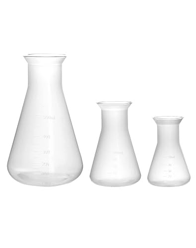 QWORK Plastic Conical Flask Set 50ml 100ml 500ml – Semi-Transparent Lab Flask for Teaching, Demonstration & Display