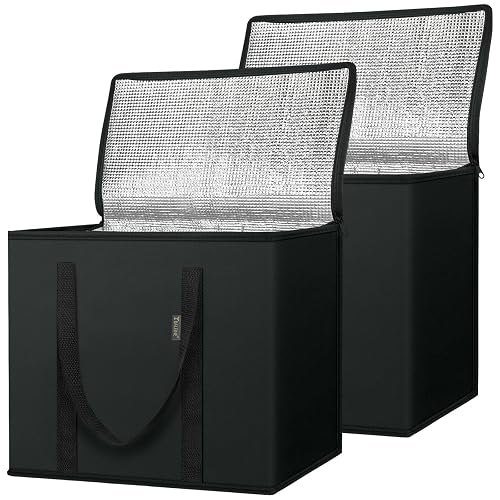 BALEINE 2Pk Insulated Reusable Grocery Bags, Collapsible Cooler Bag for Groceries, Heavy Duty Large Insulated Bag (16''x9''x13'', Charcoal Black)