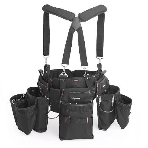 Chyaidach 16-Pockets Tool Belts for man with Suspenders, Detachable & Adjustable Tool Pouches Bag & Back Support Tool belt Combo For Electrician/Carpenter/Construction/Framers/Handyman