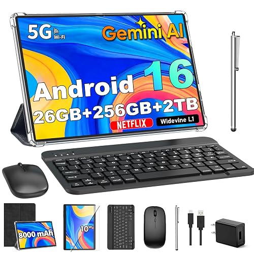 Gemini AI Android 16 Tablet with Keyboard, 2026 10 inch Tablet (Black) | 26GB+256GB+2TB Expand, Electronic Tablet PC with 8-Core, 5G WiFi, 8000mAh, GPS, GMS, 2 in1 Tablet with Case, Mouse, Stylus