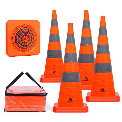 RoadHero 36 Inch Orange Collapsible Traffic Safety Cones with Bag, 4 Pack | Multi Purpose Pop-up, Reflective Collar, Road Safety, Driving Training & Parking Lots