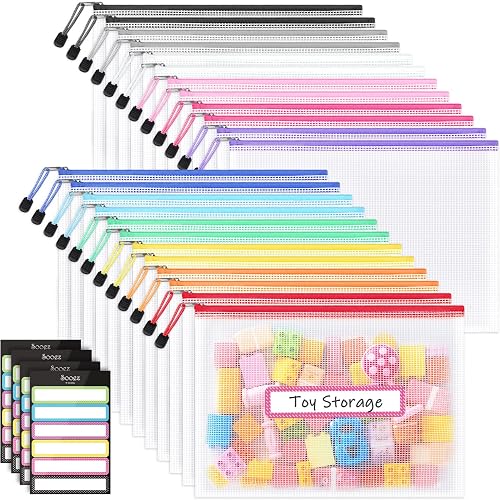 Sooez 24 Pack Mesh Zipper Pouch with Sticky Labels, A4 Mesh Bags Organizer | Sturdy Letter Size File Folders, Office School Classroom Teacher Supplies, Toy Storage Bag Board Game Puzzles Organization
