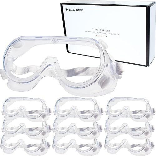 EYEGLASSTOR 10 Pack Protective Safety Goggle for lab chemistry soft lightweight goggles over prescription glasses Anti-Splash worker construction Eye protection Science Onion Cutting and More White