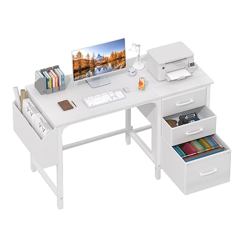 Lufeiya White Desk with File Drawers Cabinet, 47 Inch Reversible Computer Desk with Fabric Filing Cabinet for Bedroom Small Space Home Office, Modern Writing Table PC Desks, White