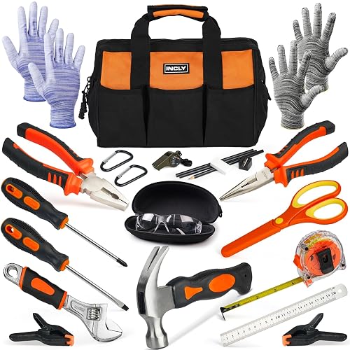 INCLY 24 PCS Kids Real Tool Set with Tool Bag, Small Real Hand Tools Kit | Boys Children Construction Learning Tools, Hammer Screwdriver for Home DIY Building & Woodworking