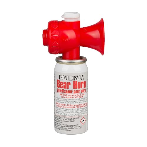 SABRE Frontiersman Bear Horn, 130dB Audible Up to 0.5 Miles, Nonflammable & Eco-Friendly, On/Off Lock Prevents False Alarms, 60 ¼-Second Blasts, Bear Spray Companion, Designed & Assembled in USA