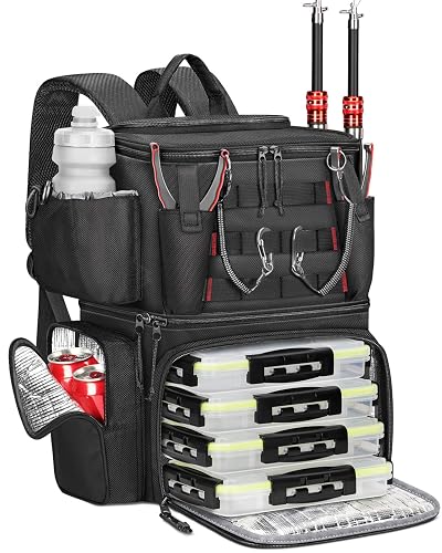 MATEIN Fishing Backpack with 4 Tackle Boxes, Fishing Bag with Rod Holder | 3600 Tackle Box 4 Pack, Water Resistant Tackle Backpack with Cooler Compartment, Safety Compass, Gifts for Fishermen