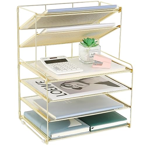 OPNICE Desk Organizer, 6-Tier Paper Organizer Letter Tray, Gold | Desk Organizers and Accessories, Office Desk Accessories & Workspace Organizers, Desktop File Organizer for Office Supplies