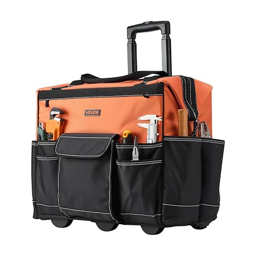 VEVOR 20" Rolling Tool Bag, 110 lbs Load Capacity, 27 Pockets Heavy Duty Roller Tool Bag on Wheels, Adjustable Telescoping Handle & Stable Base, Toolbag Organizers w/Wheels for Construction, Mechanic