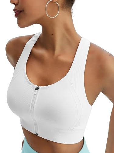 BRXL Front Closure Sports Bra Sewn-in Pads Racerback Seamless Medium Impact | Auto-lock Safety Zipper Avoids Slipping, Non-shifting, Wide Straps, Wire-free, Stretch Fit for Workout, Yoga, Gym, Running