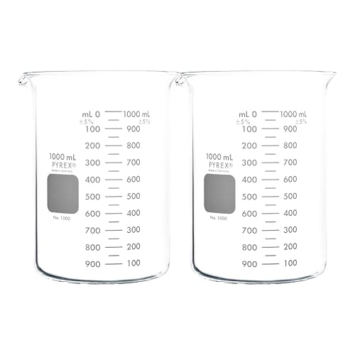 PYREX Griffin Borosilicate Glass Beaker- Low Form Graduated Measuring Beaker with Spout – Premium Scientific Glassware, 1000mL (Shelf Pack of 2)