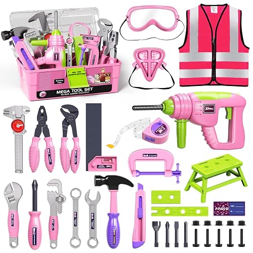 FRRJUY Kids Tool Set for Grils with Electronic Toy Drill & Tool Box | Toddler Tool Set STEM Pretend Play Construction Toys with Costume Vest, Girl Toys for 3 4 5 6 7 Year Old