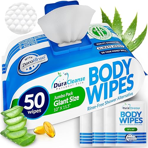 XL Body Wipes for Adults Bathing No Rinse - Shower Wipes & Bath - 50 Ct + 4 | Aloe & Vitamin E, pH-Balanced, Thick 10x11.5 in Disposable Washcloths for Adults - Elderly, Incontinence, Bath & Camping
