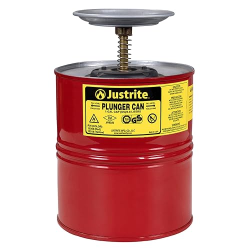 Justrite Plunger Can for Solvents, 1 Gallon Capacity, Made in the USA, Red | 10.5" x 7.25", Solvent Dispenser Can, Galvanized Steel, Flame Arrester Screen, FM Approved